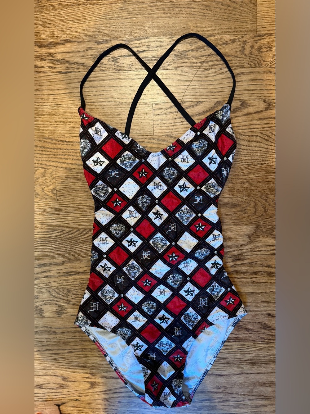 Ed Hardy Red, Black & White Diamond-Print One-Piece Swimsuit